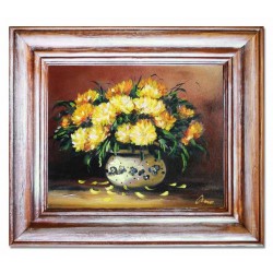  Obraz olejny ręcznie malowany 35x40cm Żółte chryzantemy w wazonie