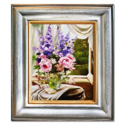  Obraz olejny ręcznie malowany 35x40cm Kwiaty przy oknie