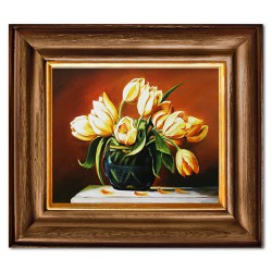  Obraz olejny ręcznie malowany 35x40cm Żółte tulipany na brązowym tle