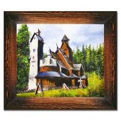  Obraz olejny ręcznie malowany 36x41cm Stary kościół w lesie