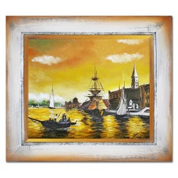  Obraz olejny ręcznie malowany 40x35cm statki na morzu