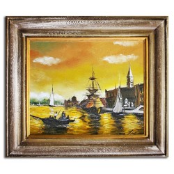  Obraz olejny ręcznie malowany 40x35cm Statki na morzu