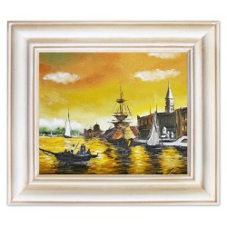  Obraz olejny ręcznie malowany statki na morzu 40x35cm