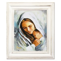  Obraz olejny ręcznie malowany z Matką Boską z dzieciątkiem 27x32 cm obraz w białej ramie niebieski