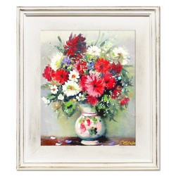  Obraz olejny ręcznie malowany 27x32cm Białe i czerwone kwiaty