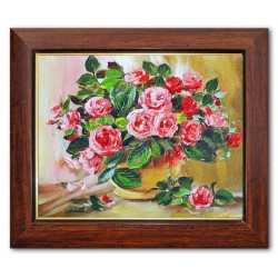  Obraz olejny ręcznie malowany 26x31cm Róże w żółtej donicy