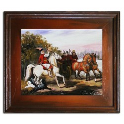  Obraz olejny ręcznie malowany na płótnie 27x32cm Juliusz Kossak wyjazd na polowanie z sokołem kopia