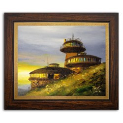  Obraz olejny ręcznie malowany 27x32cm Budynek i zachód słońca