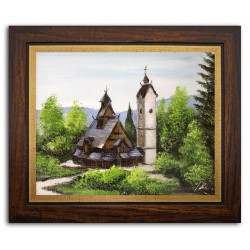  Obraz olejny ręcznie malowany 27x32cm Stary kościół