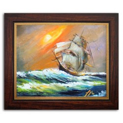  Obraz olejny ręcznie malowany statek na wzburzonym morzu 32x27cm