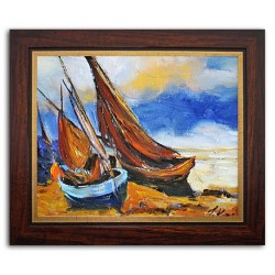  Obraz olejny ręcznie malowany statki na morzu 32x27cm