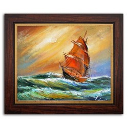  Obraz olejny ręcznie malowany statek na morzu 32x27cm