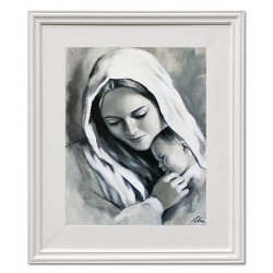  Obraz olejny ręcznie malowany z Matką Boską z dzieciątkiem 27x32 cm obraz w ramie czarno-biały