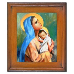  Obraz olejny ręcznie malowany z Matką Boską z dzieciątkiem 27x32 cm obraz w ramie