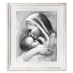  Obraz olejny ręcznie malowany z Matką Boską z dzieciątkiem 27x32 cm obraz w ramie czarno-biały