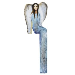  Aniołek malowany na drewnie siedzący niebieski 69x23cm 101046