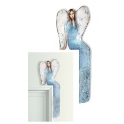  Anioł do powieszenia nad drzwi malowany drewniany 69x23cm siedzący niebieski