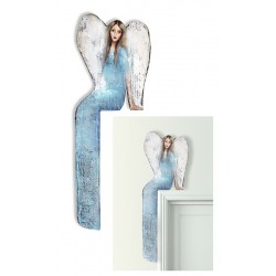  Anioł do powieszenia nad drzwi malowany drewniany 69x23cm siedzący niebieski