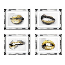  Obrazy w lustrzanych ramach zestaw 4 sztuk do salonu Glamour złote usta 41x51cmx4
