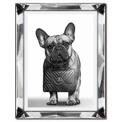  Obraz w lustrzanej ramie do salonu czarno-biały pies z torebką 41x51cm