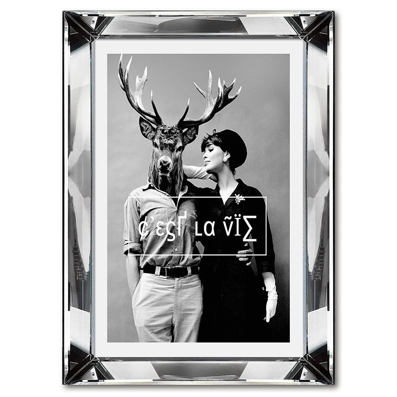  Obraz w lustrzanej ramie do salonu czarno biały rogacz 31x41cm