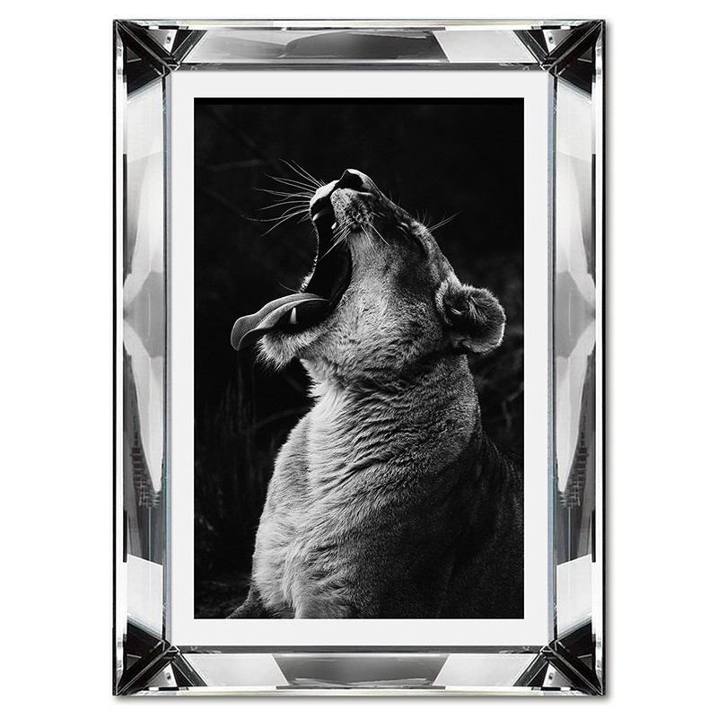  Obraz w lustrzanej ramie do salonu czarno biały Lew 31x41cm