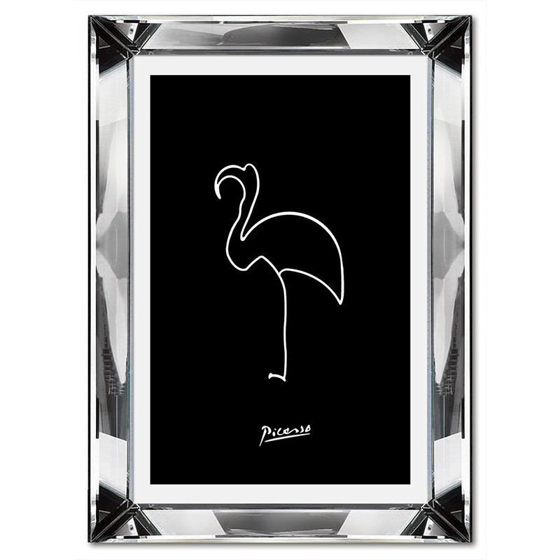  Obraz w lustrzanej ramie do salonu linearny Picasso pelikan jedna linia czarne tło 31x41cm