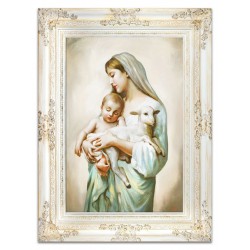  Obraz Matki Boskiej z Dzieciątkiem i jagnięciem 78x98 cm obraz olejny na płótnie biała rama obrazu