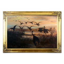  Obraz olejny ręcznie malowany na płótnie 105x75cm Józef Chełmoński Odlot żurawi kopia