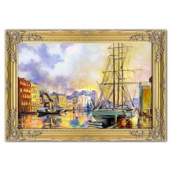  Obraz olejny ręcznie malowany statki w porcie 115x75cm