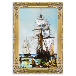  Obraz olejny ręcznie malowany statki na morzu 75x105cm