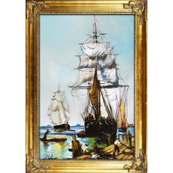  Obraz olejny ręcznie malowany statki na morzu 75x105cm