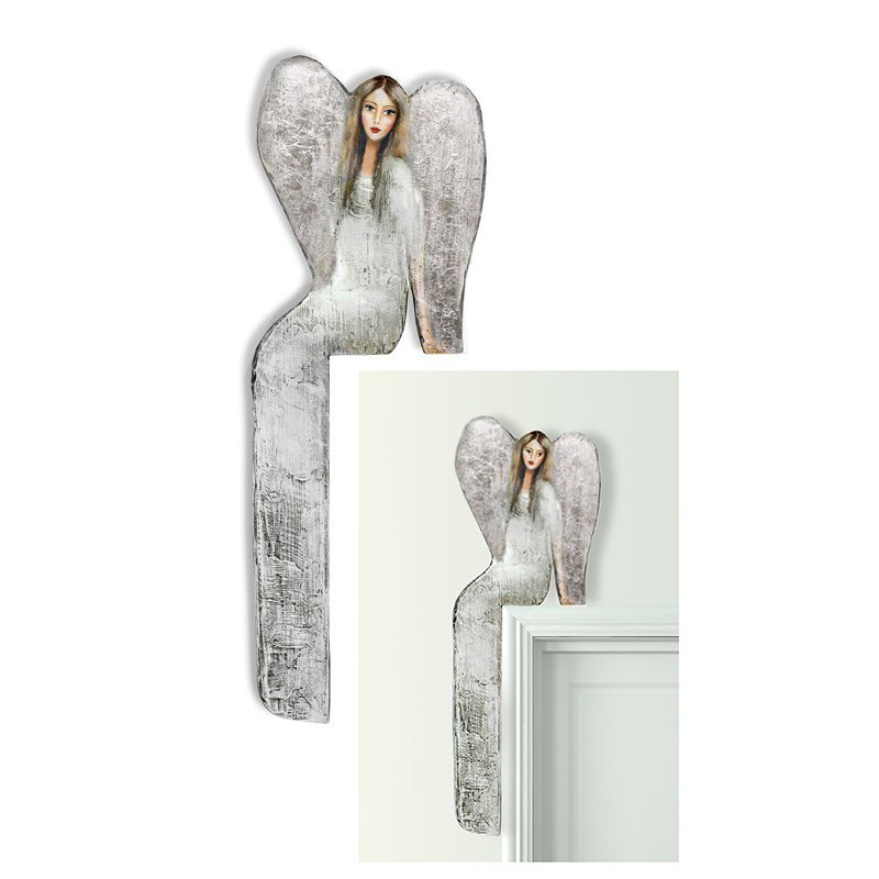  Anioł do powieszenia nad drzwi 23x69 ręcznie malowany siedzący srebrny lewy