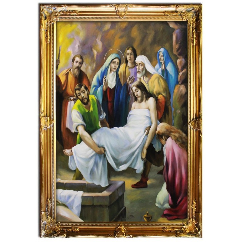  Obraz z Drogą Krzyżową Jezus wkładany do grobu 75x105 cm obraz olejny na płótnie w złotej ramie