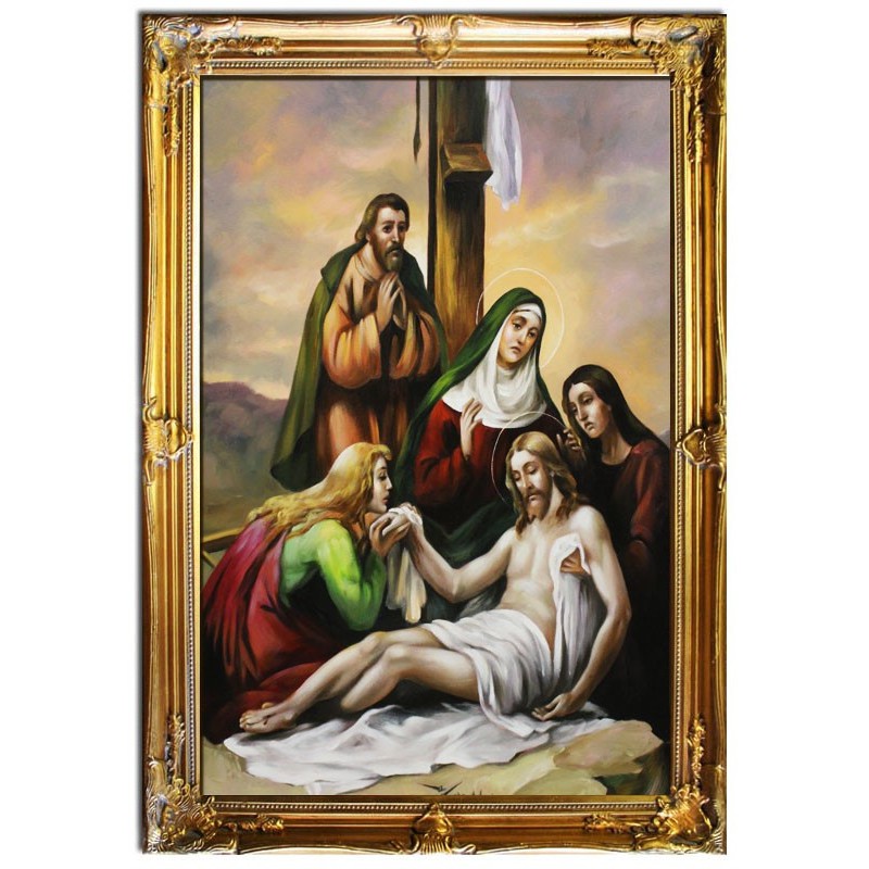  Obraz z Drogą Krzyżową Jezus pod krzyżem 75x105 cm obraz olejny na płótnie w złotej ramie