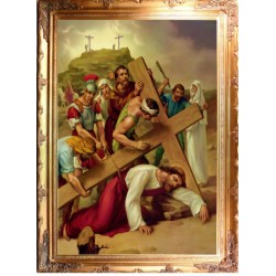 Obraz z Drogą Krzyżową upadek Jezusa 75x105 cm obraz olejny na płótnie w złotej ramie