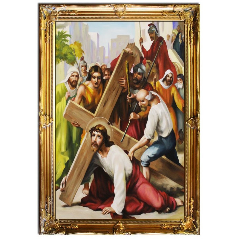  Obraz z Drogą Krzyżową upadek Jezusa 75x105 cm obraz olejny na płótnie w złotej ramie