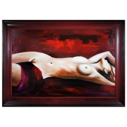  Obraz olejny ręcznie malowany na płótnie 105x75cm kobieta w czerwonej pościeli akt