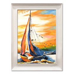  Obraz ręcznie malowany statek w porcie 66x86cm