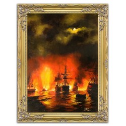  Obraz olejny ręcznie malowany Płonące statki na morzu 84x63cm