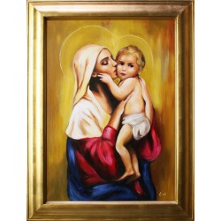  Obraz Matki Boskiej z Dzieciątkiem 63x84 cm obraz olejny na płótnie w złotej ramie