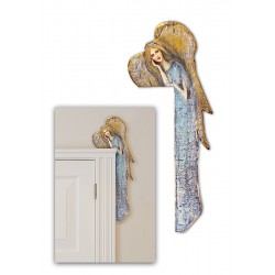 Anioł do powieszenia nad drzwi malowany drewniany 70x22cm przytulony niebieski