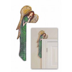 Anioł do powieszenia nad drzwi malowany drewniany 70x22cm zielony lewy