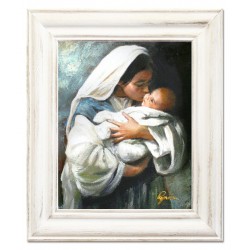  Obraz olejny ręcznie malowany z Matką Boską z dzieciątkiem 27x32 cm obraz w białej ramie