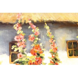  Obraz malowany Chata kryta strzechą pośród malw 60x90cm