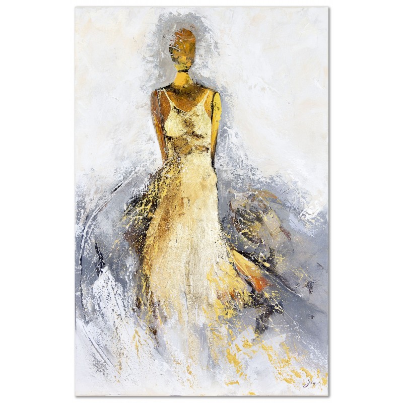  Obraz malowany z elementami płatków złota 80x120cm Dama w złotej sukni