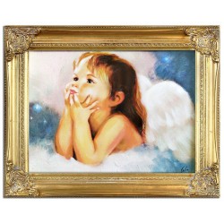  Obraz z Aniołkiem w zadumie 37x47 cm obraz malowany na płótnie w złotej ramie