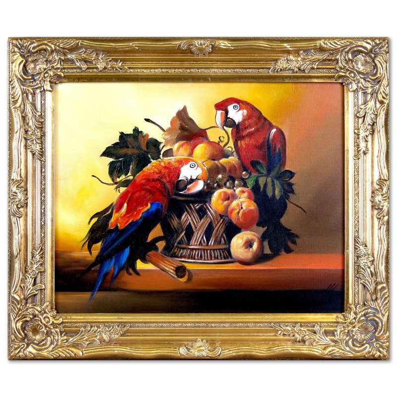  Obraz olejny ręcznie malowany Papugi na stole 54x64 cm