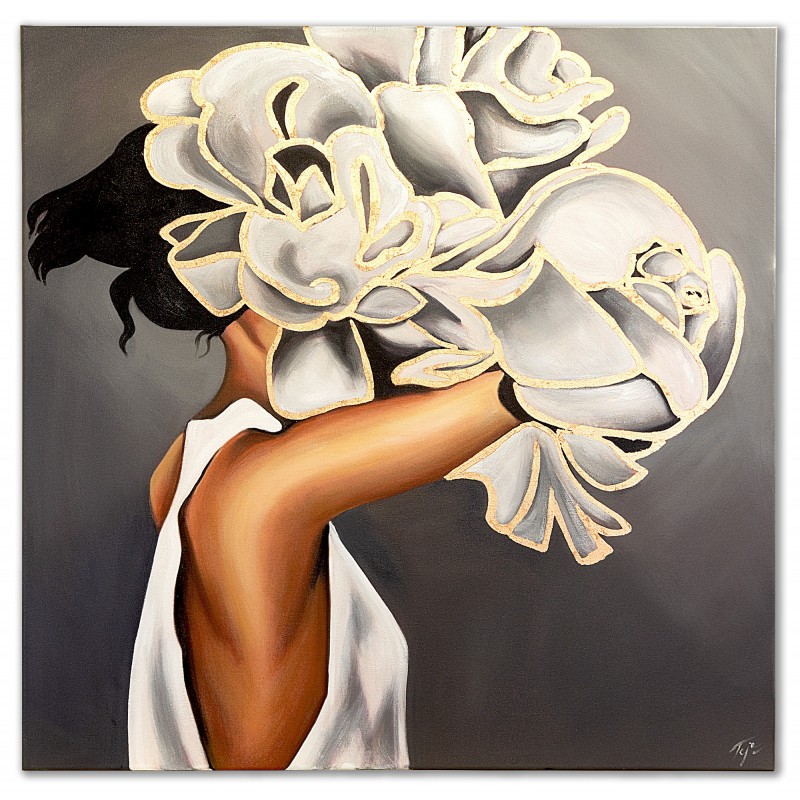  Obraz malowany Kobieta w kwiatach na głowie 100x100cm