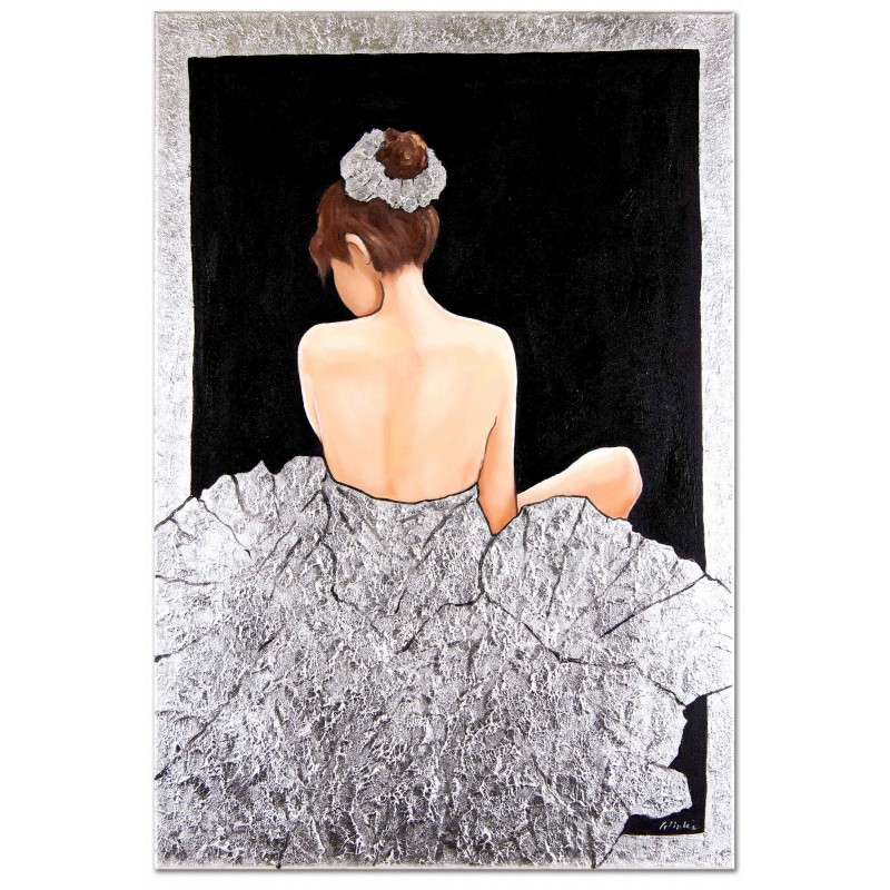  Obraz ręcznie malowany Baletnica w srebrnej sukni 120x180cm drobinki srebra